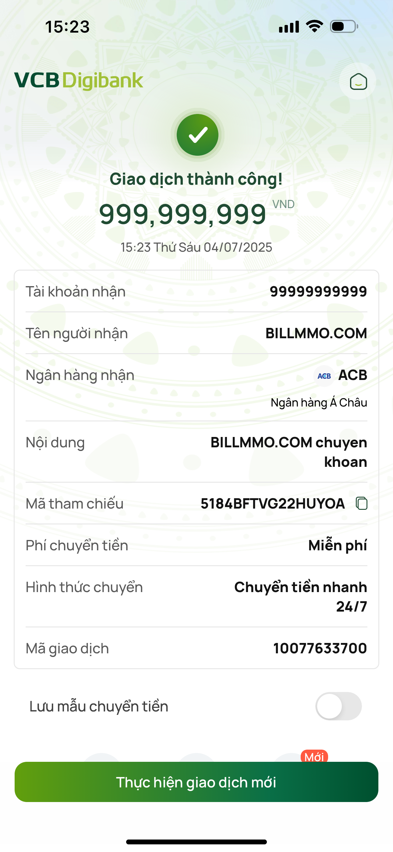 Bill chuyển khoản Vietcombank