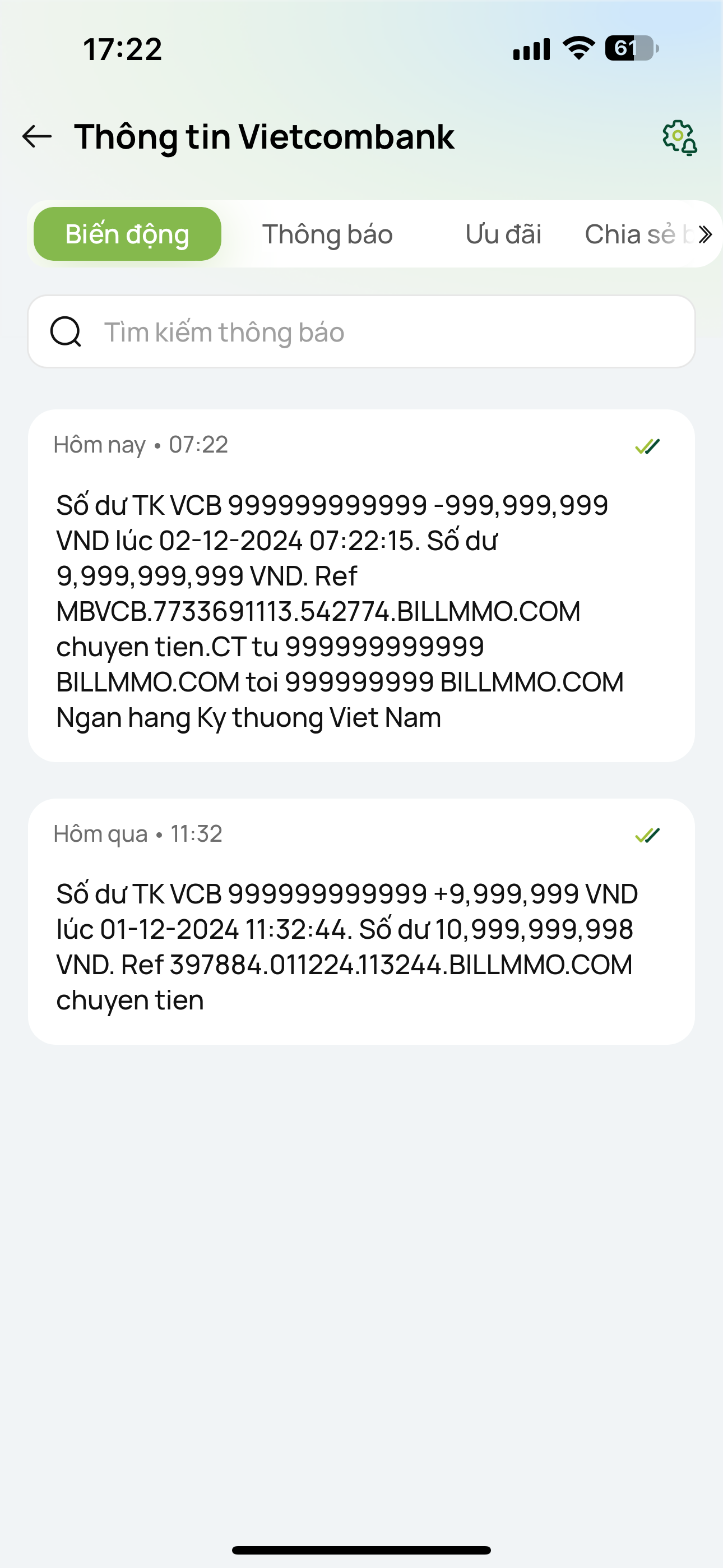 Bill biến động số dư